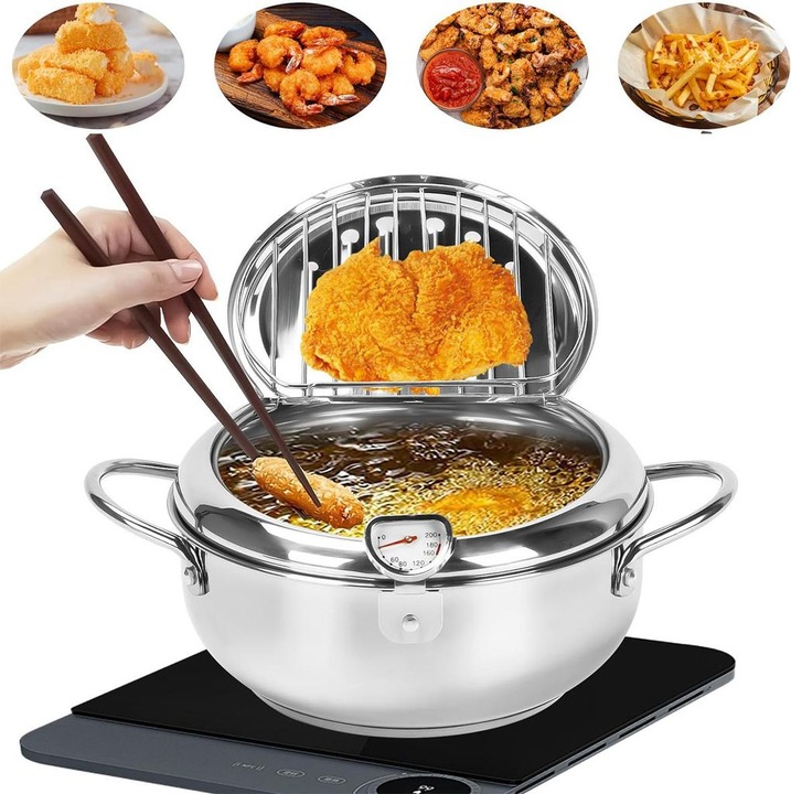 Kompakt 4.2L rozsdamentes acél fritőz, hőmérővel, fedővel, 28cm