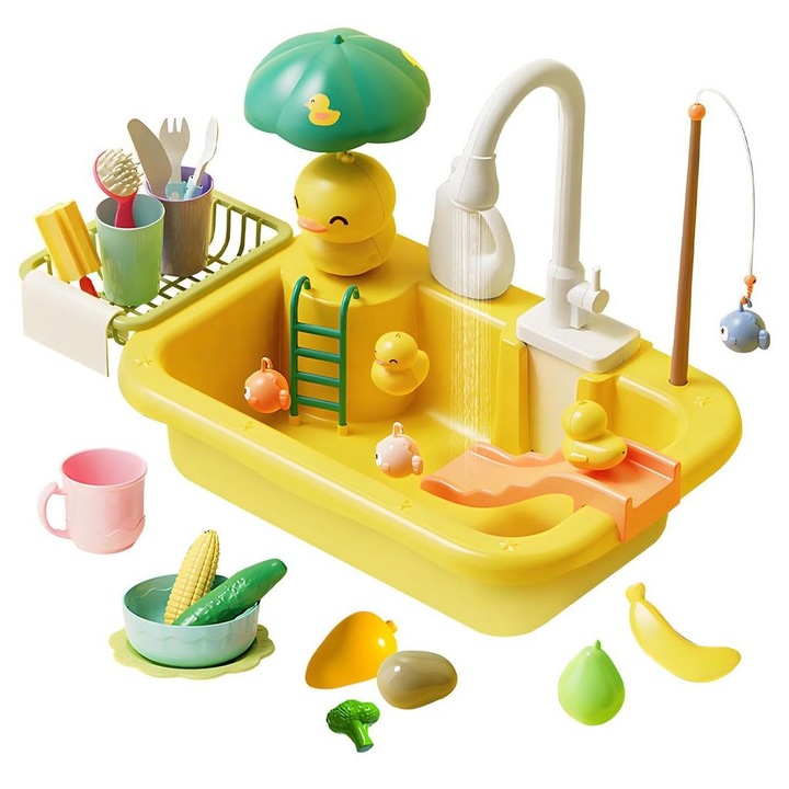 Set jucarii chiuveta copii cu robinet electric si accesorii, multicolor, 30x20x25cm
