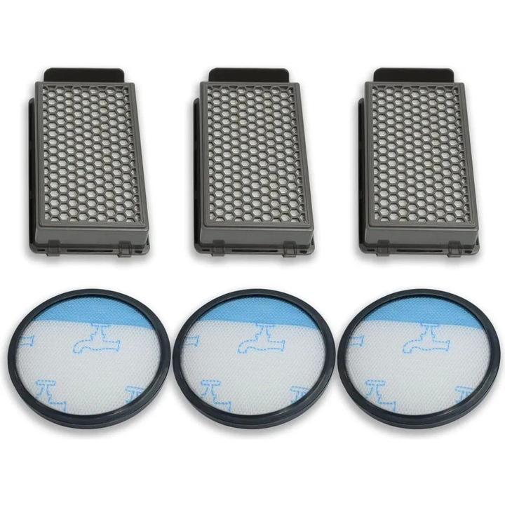 Set filtre aspirator compatibil Rowenta Compact Power Cyclone, 3 prefiltre motor, 3 filtre HEPA, alb