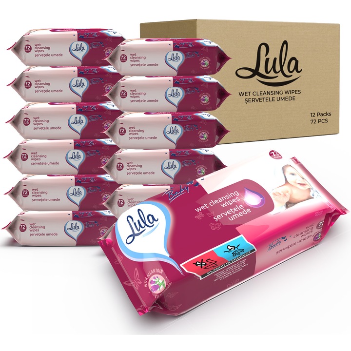 Servetele umede pentru bebelusi, cu alantoina, Lula, 12 pachete x 72 bucati, 864 bucati