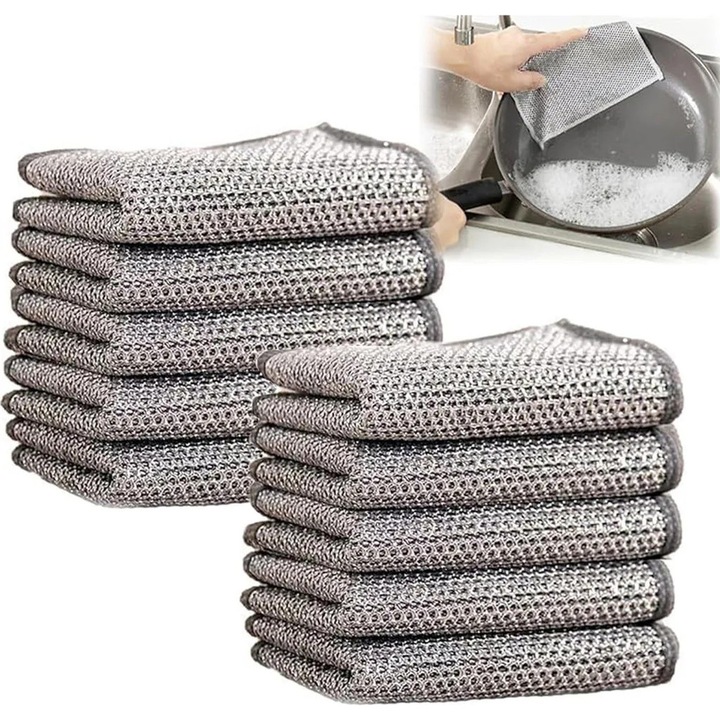 Set 10 lavete microfibra dublu strat, argintiu, 20x20cm, reutilizabile, multifunctionale