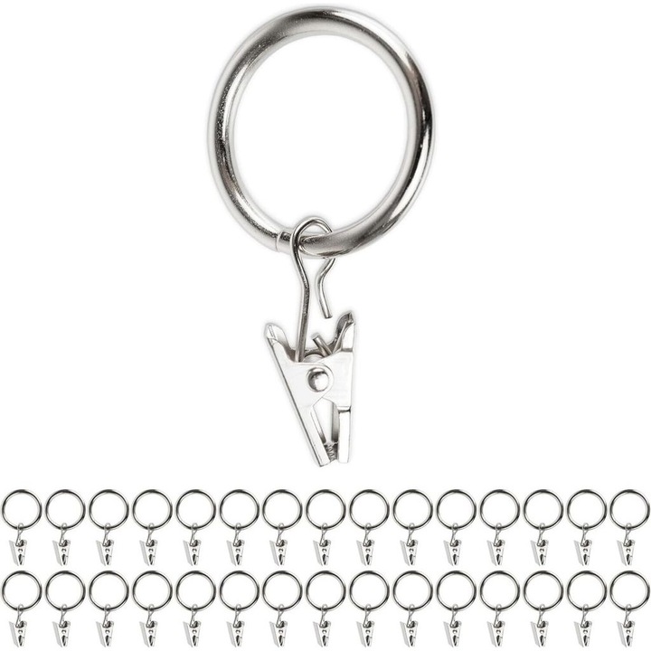 Set 30 inele si cleme pentru perdele, metal, argintiu, 25mm diametru interior