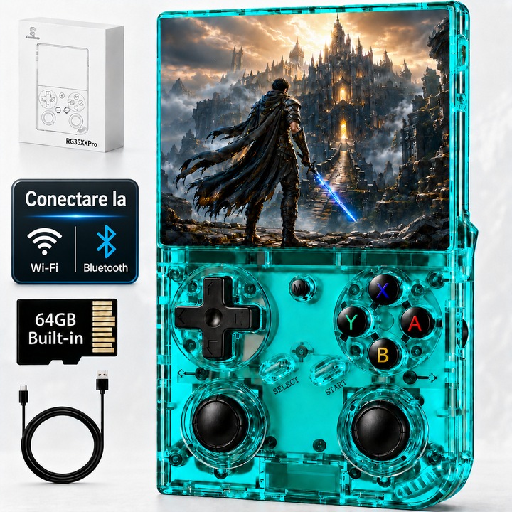 Consola Portabila Jocuri Retro RG35XX Pro, Anbernic, WiFi & Bluetooth, 64 GB, Jocuri Incluse, God of War, GTA Vice City, Baterie 3200mAh, Linux OS, Port HDMI