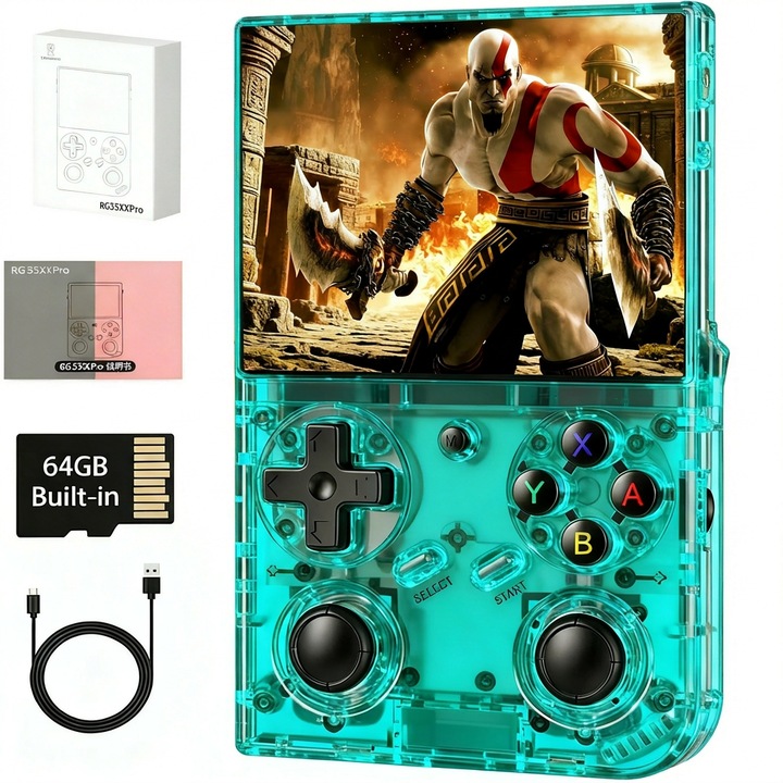 Consola Portabila Jocuri Retro RG35XX Pro, Anbernic, WiFi & Bluetooth, 64 GB, Jocuri Incluse, God of War, GTA Vice City, Baterie 3200mAh, Linux OS, Port HDMI