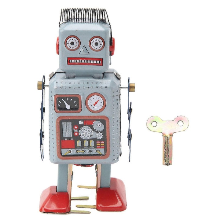 Vintage játékrobot, fém, mechanikus járás, ezüst, 10x15x5cm