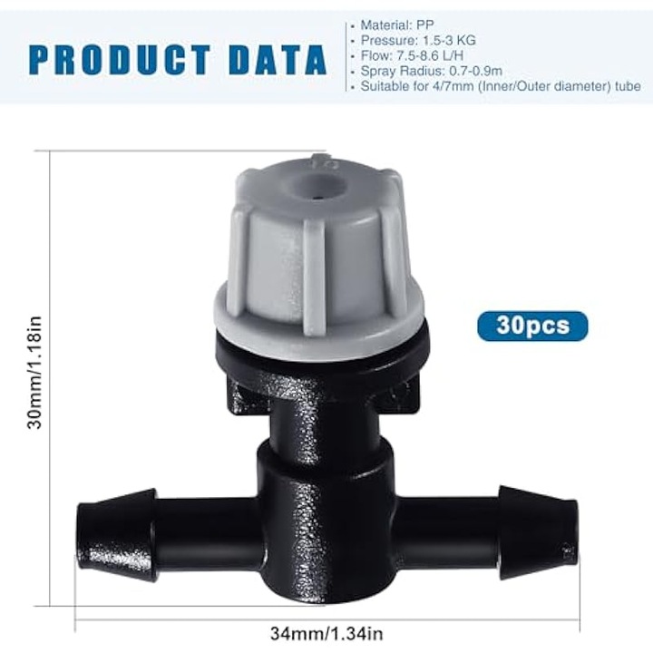 30 db öntöző csepegtető fúvóka készlet, szürke, 4/7mm, 0.7x0.9m szórási sugár