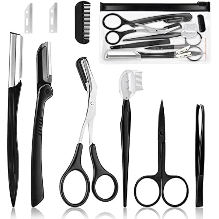Set ingrijire sprancene 9 piese, inox, negru, portabil