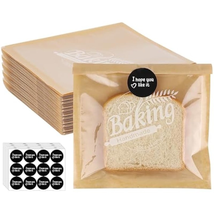 Kraft papírtasak szett péksüteményekhez 18x19cm átlátszó ablakkal és fekete matricákkal