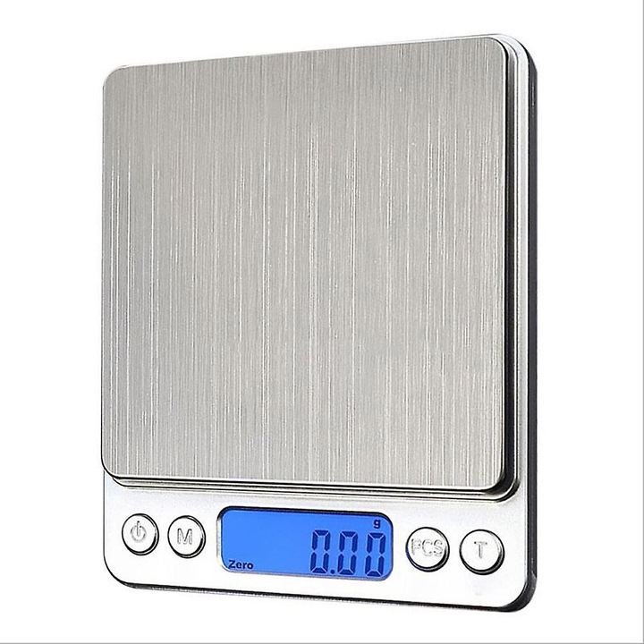 Cantar digital de precizie, balanta electronica, capacitate 3000g/500g, rezolutie 0.1g, platforma inox 10 x 10 cm, afisaj lcd cu iluminare, 2 tavi, functie tare, argintiu, 1 buc