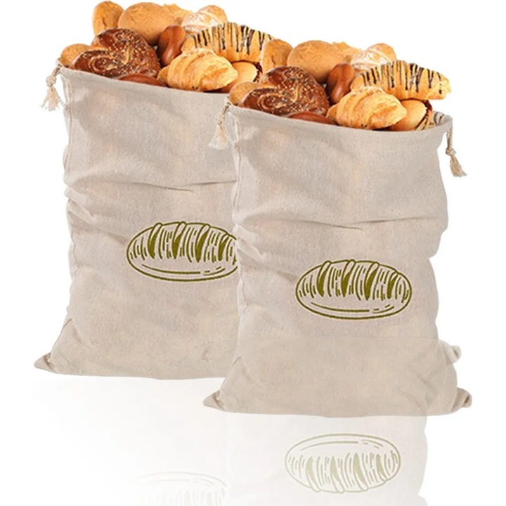 Set 2 pungi paine din in, 40x30cm, natur, cu snur