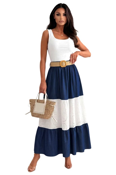 Fusta lunga in clos YNNA, cu broderie englezeasca si curea, Bleumarin, Marime universala S/M/L, FY FashionForYou