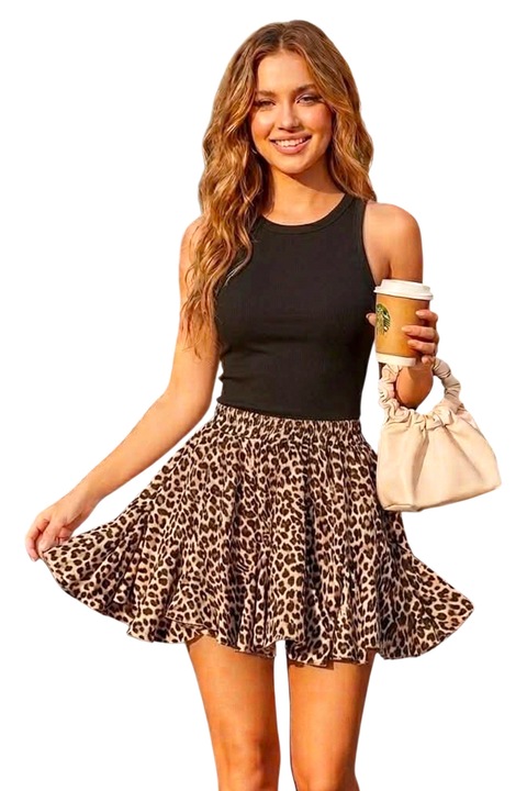 Fusta pantalon Zig-Zag Plisse, cu volane asimetrice si volum, Animal Print, Marime universala S/M, FY FashionForYou