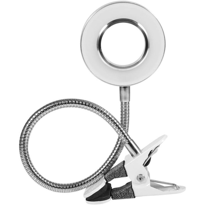 Lampa de birou cu lupa, LED, 3 moduri, argintiu, clip 1-3cm