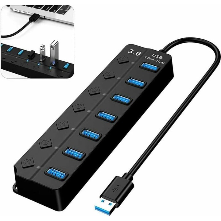 USB хъб 3.0, 7 порта, независимо управление, черен