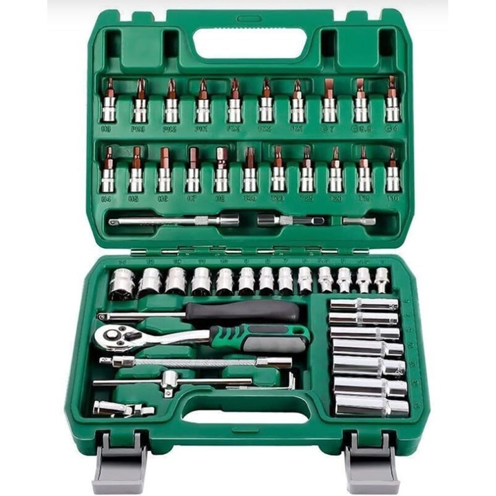 Trusa de Scule FixIt, Dnntunk, Trusa 53 Chei Tubulare, Prelungitoare Rigid si Flexibil, Articulatie Cardanica, Antrenor de Forta Glisant, Adaptoare, Maner pentru Surubelnita, 27x20x5cm, Cutie Verde