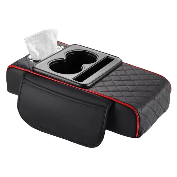 Capac upgrade pentru cotiera auto, Husa Cotiera Auto Multifunctionala cu Suport Pahare si Organizator Depozitare pentru Consola Centrala, Perna Cotiera cu Compartiment Universala，Negru / rosu