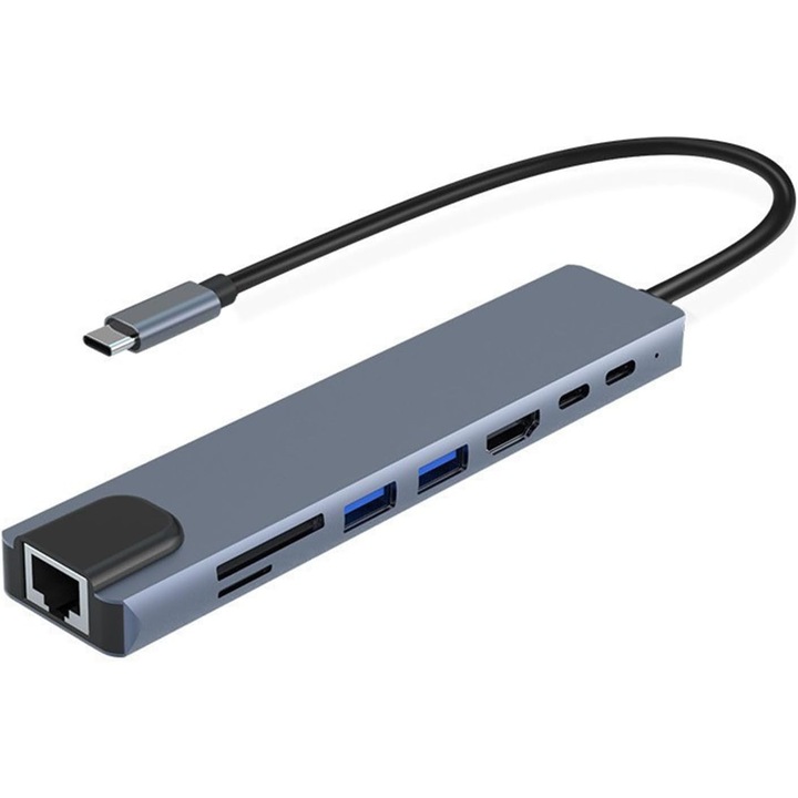 Мултифункционална докинг станция 8 в 1, USB 3.0, HDMI 4K, RJ45, 100W зареждане, черна