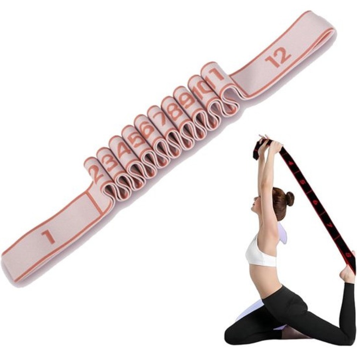 Banda elastica fitness cu marcaje 8/10/12, rezistenta graduata, multicolor, 1 buc, 200% elasticitate