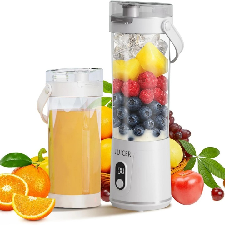 Преносим мини блендер 600ml, 12 остриета, бял, USB презареждаем