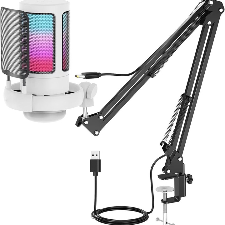 USB gaming mikrofon állvánnyal, RGB világítással, fehér, állítható, 3.5mm jack, szett