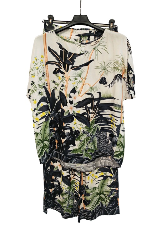 Compleu dama vara lejer viscoza alb imprimeu tropical negru, M/L