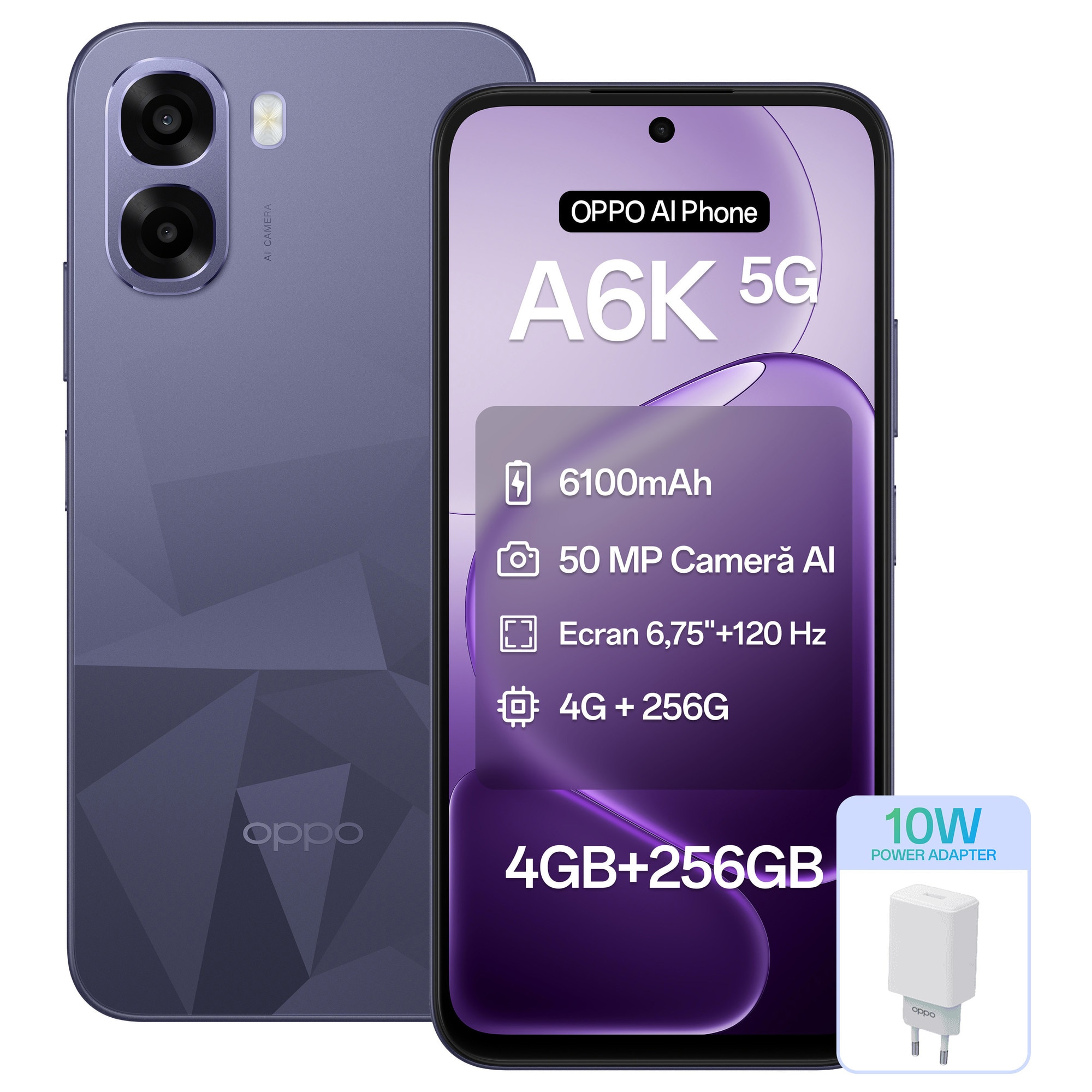 Telefon mobil OPPO A6k, Baterie 6100mAh, 256GB, 4GB RAM, 4G Dual SIM, Telefon Baterie Lunga, Crystal Black + Incarcator OPPO 10W