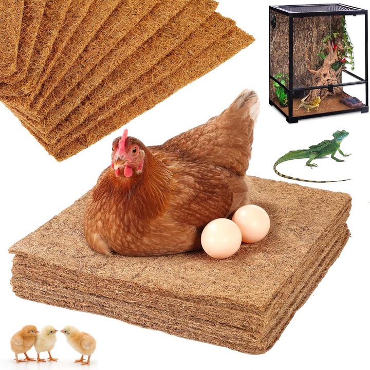 Covoras pentru cuib de pui, Set 10 discuri din fibre de cocos, 30x30cm, din matase de cocos si bumbac, usor de curatat, Respirabil si permeabil la apa, reutilizabile, Potrivit pentru gaini, hamsteri, catei, porci si alte animale mici