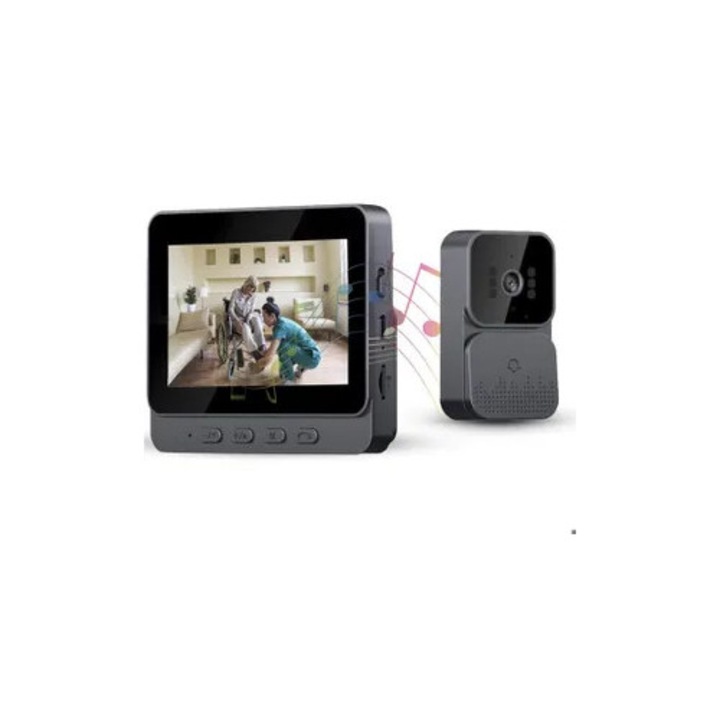 Sonerie video wireless 4,3" IPS, interfon bidirectional, negru, 150m, stocare microSD