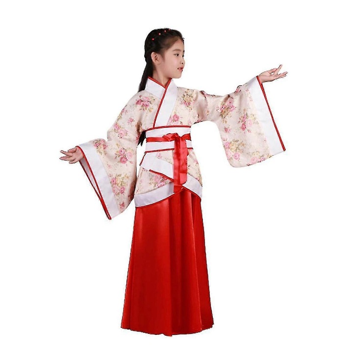 Rochie traditionala Hanfu copii, poliester, roz albastru rosu, 110x160 cm