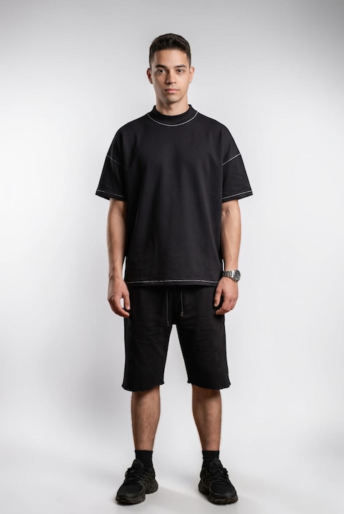 Compleu vara Barbati, Signature Celevri, Tricou + Pantaloni scurti Oversize, Cusaturi decorative, Negru