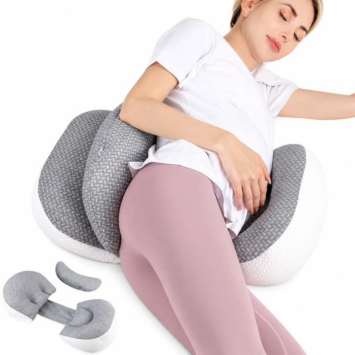 Perna pentru gravide Chilling Home, suport abdominal si lombar reglabil, design ergonomic 30°, husa detasabila si respirabila, portabila, dimensiune Standard, Bumbac si material tip plasa, culoare Gri