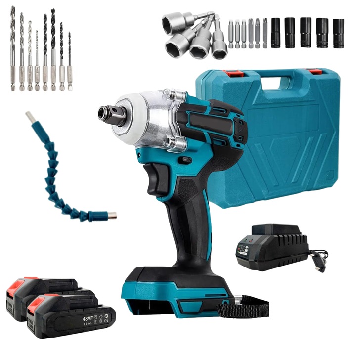 Pistol Insurubat Impact, Luckylu, Masina de gaurit si insurubat cu percutie, 48V, 550Nm, 2 acumulatori, 26 accesorii, valiza de transport