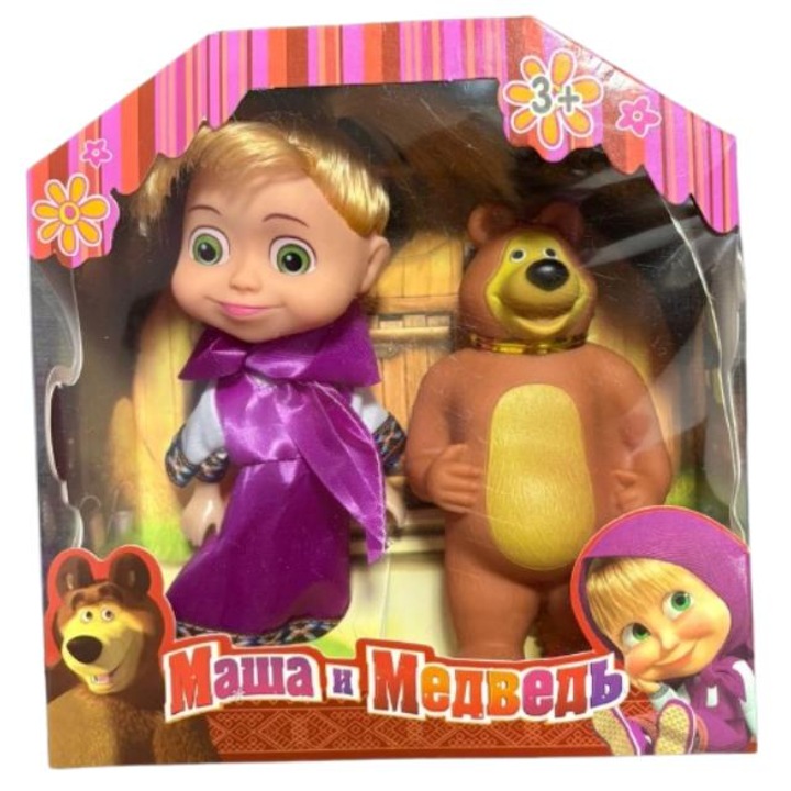Mása és a Medve figura szett, 2 db, Mása és a Medve rajzfilm, lila és barna, 15 cm