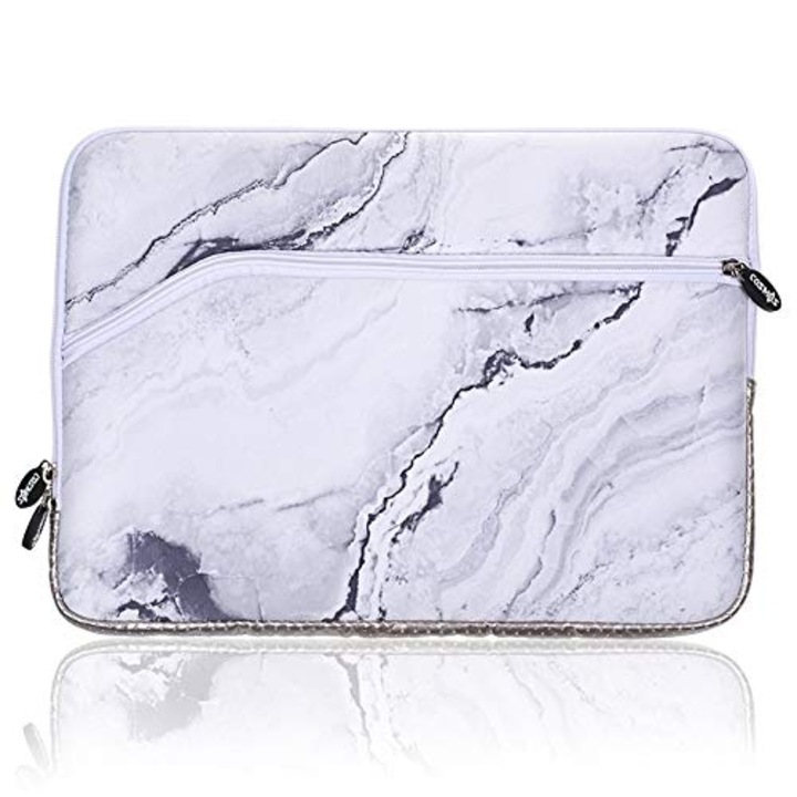Husa Laptop Din Neopren, Cu Imprimeu Marmura Alb, 13.3 Inch, Pentru MacBook / Laptop, Captusita Si Cu Buzunar Exterior