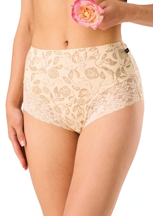 2x Női Bugyi Szett, KEY, LPF 599 A26, Puha Pamutból, Magas Derék Maxi Bikini, Romantikus Virágmintás, Finom és Kényelmes Csipke, Széles Oldalak 16, Légáteresztő Anyag, Mindennapi Kényelem, Bézs/Kávé, Bézs