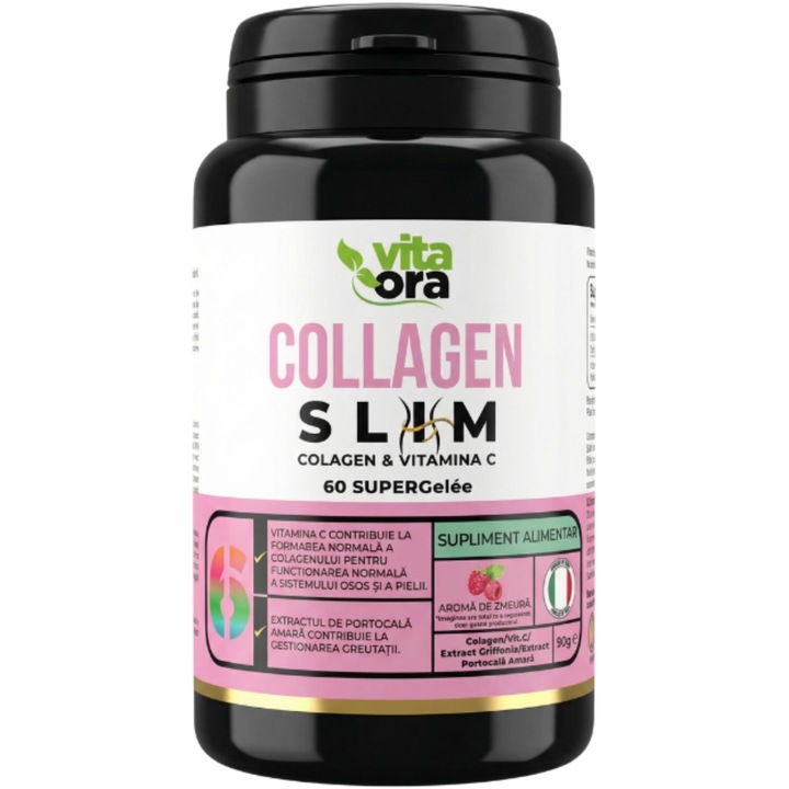 Supliment Alimentar Colagen & Vitamina C SUPERGelee, Vita Ora, pentru piele si metabolism rapid, greutate sub control si piele radianta cu aroma de zmeura, 60 pcs