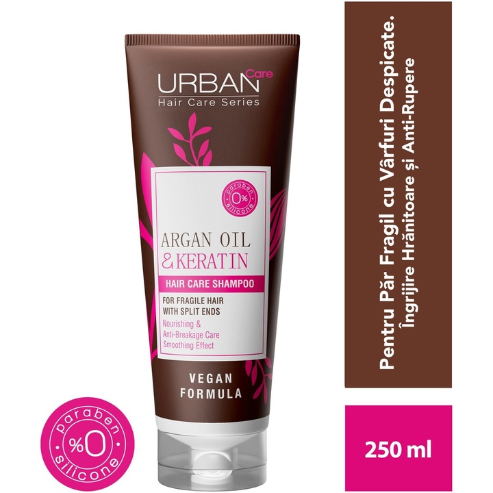 Sampon, Urban Care, cu ulei de argan si keratina, pentru par fragil si varfuri despicate, 250 ml