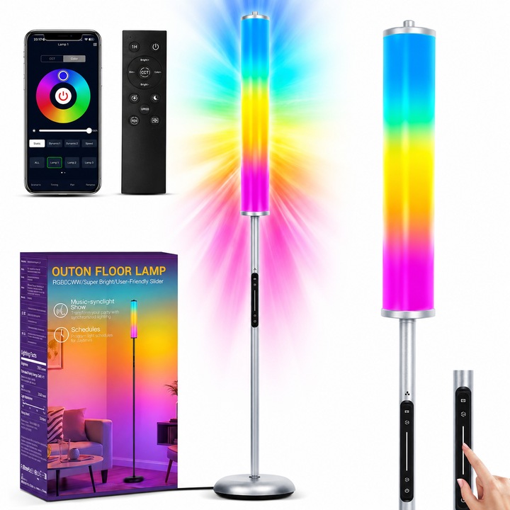 Lampadar de podea RGBICW Smart LED, lampa de podea cu control app si telecomanda, 16M culori, 32 moduri, sincronizare muzica, veioza reglabila 2200K-6500K, 1500lm, pentru dormitor, living, hol, balcon, casa, Gri
