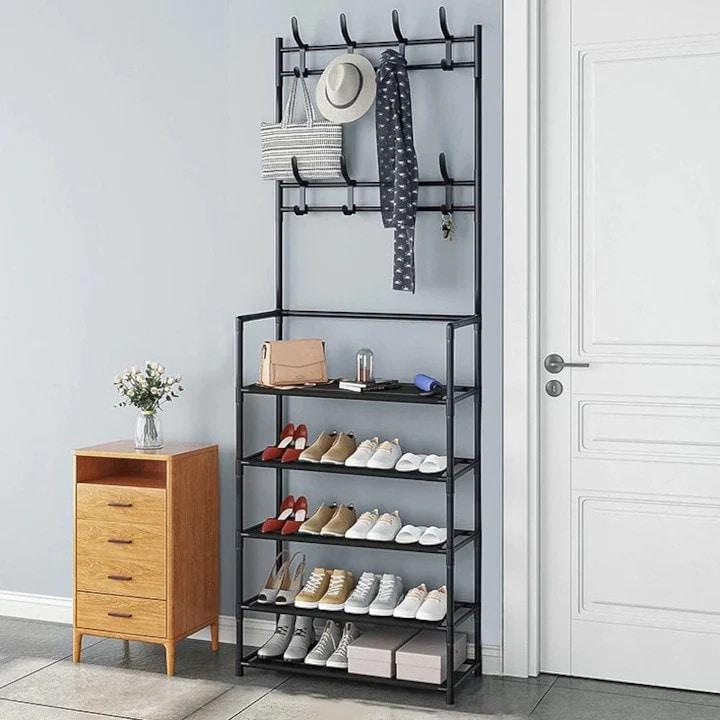 Cuier Multifunctional cu Rafturi pentru Pantofi si Haine, 3 in 1, 80 x 28 x 170 cm, Metalic, Negru