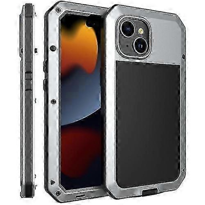 Husa telefon metal si silicon, rezistenta la socuri, impermeabila, argintiu