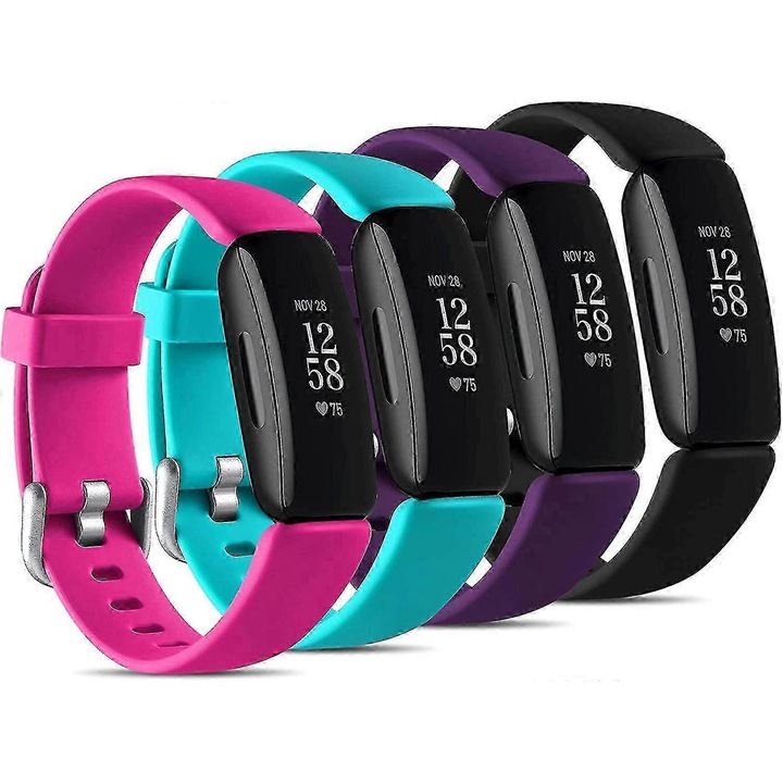 Curele compatibile Fitbit Inspire 2, set 4 buc, silicon, negru/pruna, marimi S/L