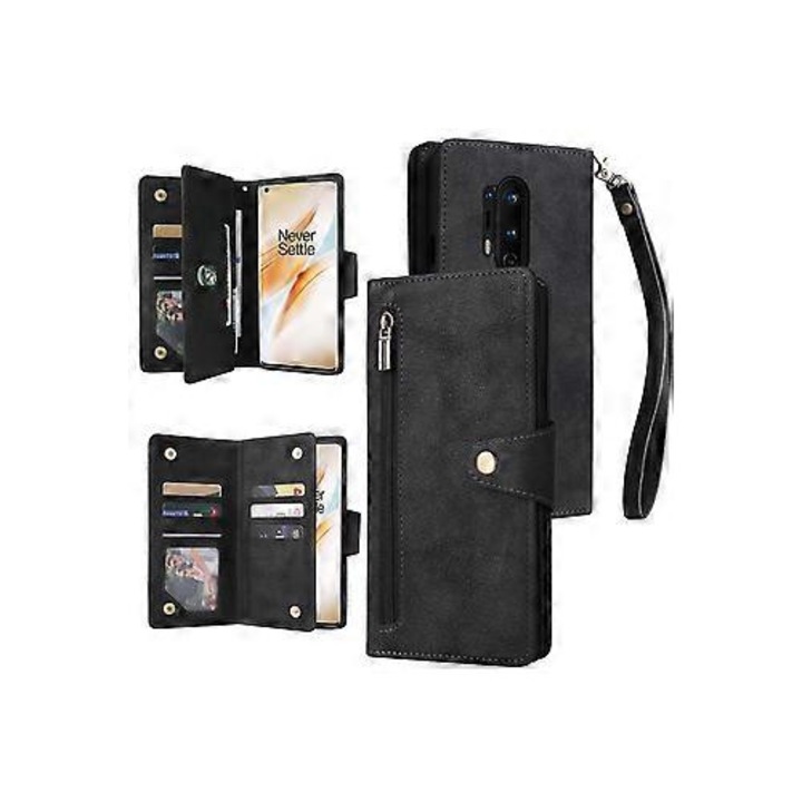 Husa telefon piele, 3 pliuri, negru, 9 carduri, 8 Pro