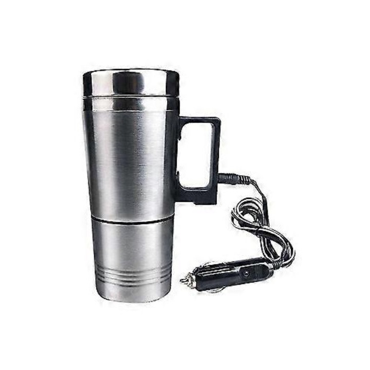 Autós elektromos vízforraló, 300ml+200ml, inox, 190x82x65mm, 12V, 70W