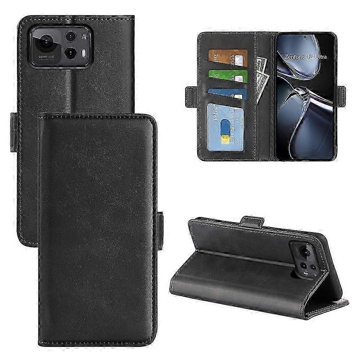 Husa telefon piele PU, portofel, suport, negru, Asus Zenfone 12 Ultra 5G