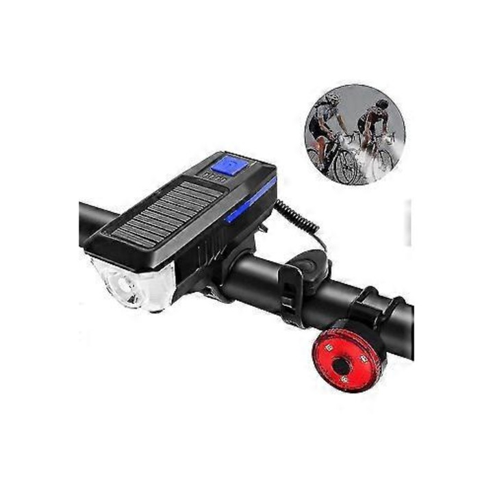 Lumina bicicleta solara USB incarcabila rosu albastru portocaliu 11x4x3.5cm set
