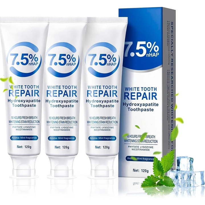 3 db hidroxiapatit fogkrém szett, fehérítő, zománcvédelem, menta, 120g