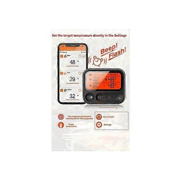 Termometru carne Bluetooth multifunctional, wireless, ecran tactil, rezistent apa, inox, negru