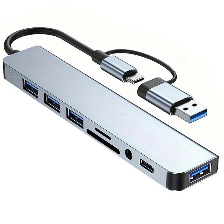 USB C хъб 8 в 2, алуминий, черен, компактен