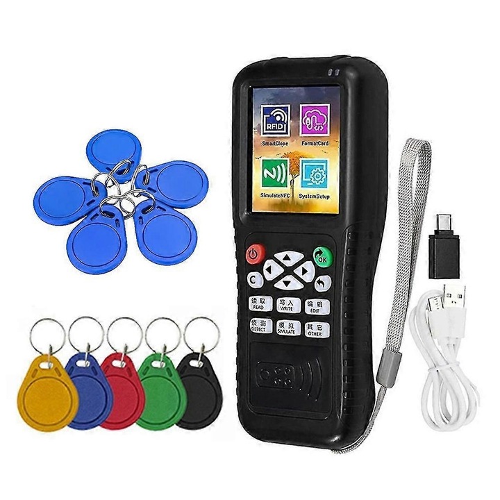 Cititor scriitor carduri RFID NFC portabil cu 5 brelocuri negre 13.56MHz