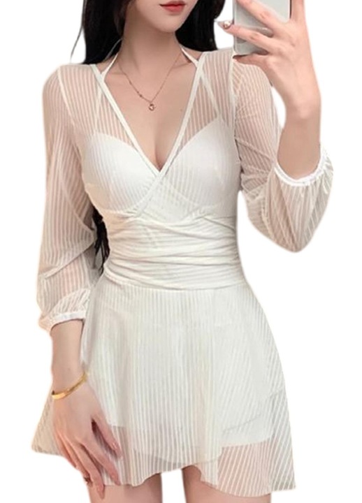 Costum de baie dama, rochie cu guler halter, control al abdomenului, Alb, captusit